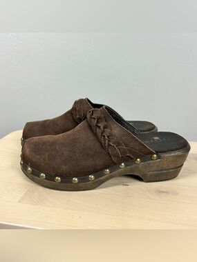 PESARO Genuine Suede Clogs Chocolate Brown 8 Braided Boho Granola Girl Hippie